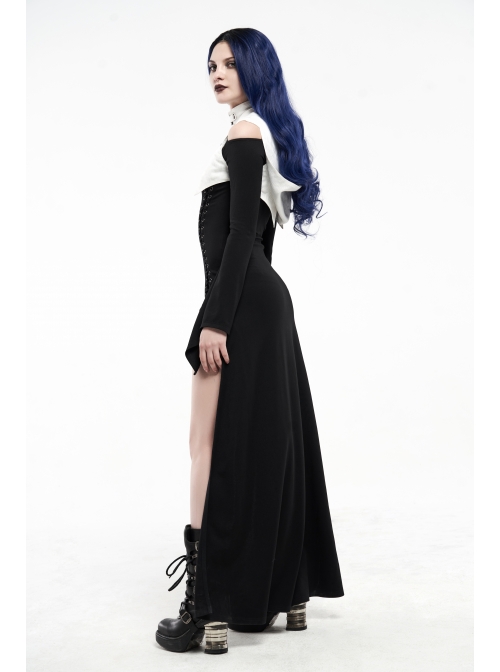 White Hood Metal Buttons Off-Shoulder Chest Hollow-Out Metal Eyelets Lace-Up Flare Sleeves Black Gothic Dress
