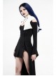 White Hood Metal Buttons Off-Shoulder Chest Hollow-Out Metal Eyelets Lace-Up Flare Sleeves Black Gothic Dress