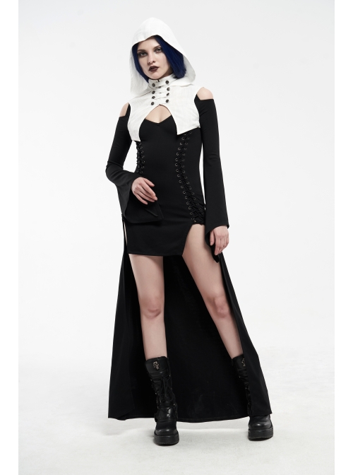 White Hood Metal Buttons Off-Shoulder Chest Hollow-Out Metal Eyelets Lace-Up Flare Sleeves Black Gothic Dress