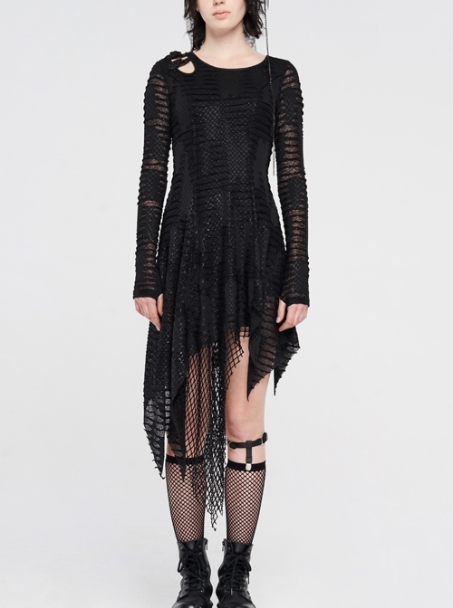 Snake-Scale Broken Holes Shoulder Hollow-Out Leather Hasp Long Sleeves Irregular Mesh Hem Black Punk Dress