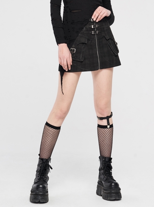 Front Metal Buckle Zipper Pockets Black Punk Camouflage Plaid A-Shaped Short Skirt