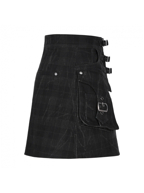 Front Metal Buckle Zipper Pockets Black Punk Camouflage Plaid A-Shaped Short Skirt