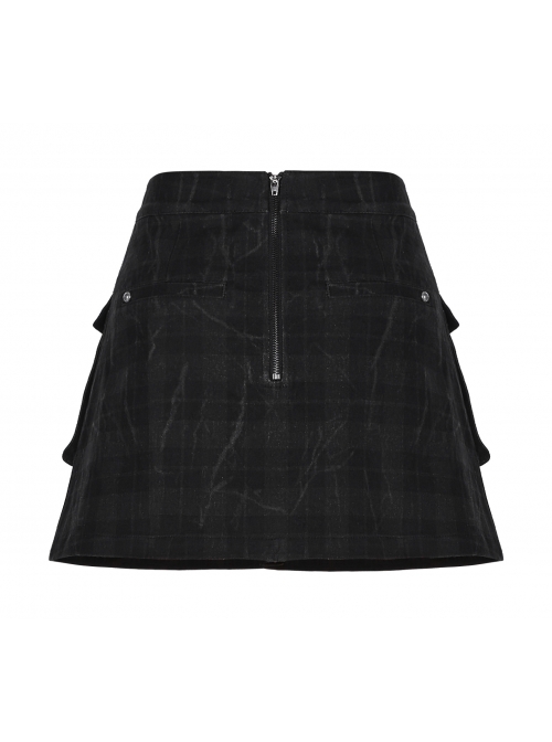 Front Metal Buckle Zipper Pockets Black Punk Camouflage Plaid A-Shaped Short Skirt