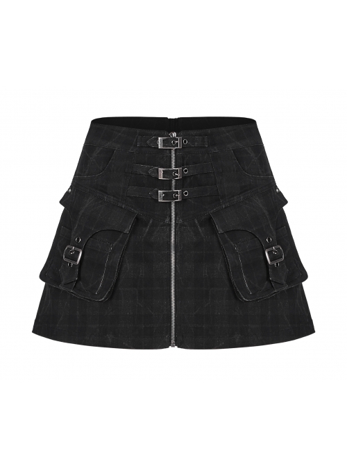 Front Metal Buckle Zipper Pockets Black Punk Camouflage Plaid A-Shaped Short Skirt