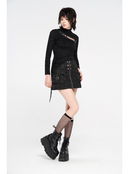 Front Metal Buckle Zipper Pockets Black Punk Camouflage Plaid A-Shaped Short Skirt