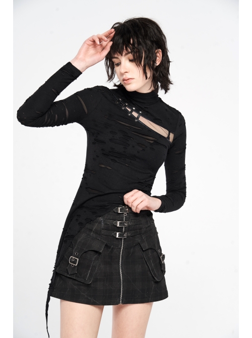 Front Metal Buckle Zipper Pockets Black Punk Camouflage Plaid A-Shaped Short Skirt