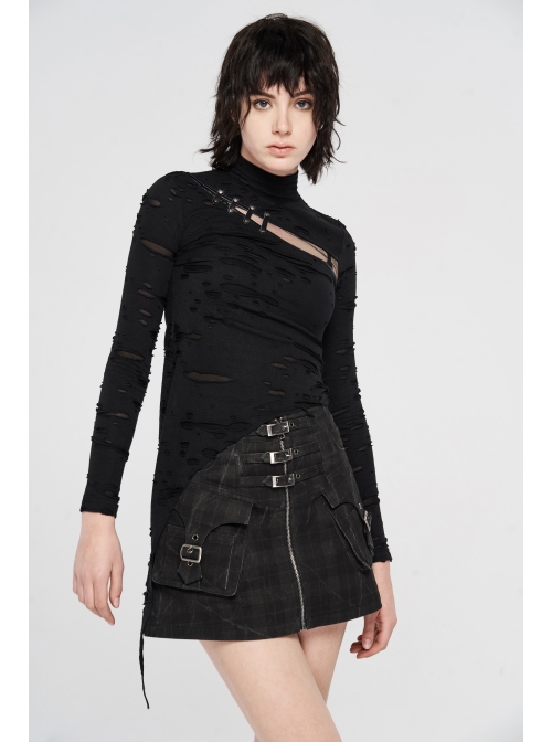 Front Metal Buckle Zipper Pockets Black Punk Camouflage Plaid A-Shaped Short Skirt