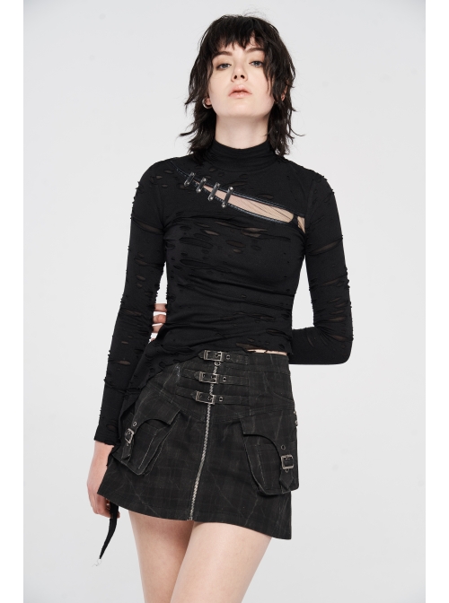 Front Metal Buckle Zipper Pockets Black Punk Camouflage Plaid A-Shaped Short Skirt