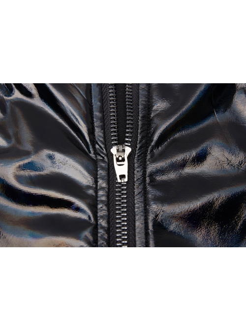 High Collar Front Chest Hollow-Out Lace-Up Long Sleeves Black Punk Shiny PU Leather Knitting Short Dress