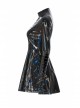 High Collar Front Chest Hollow-Out Lace-Up Long Sleeves Black Punk Shiny PU Leather Knitting Short Dress