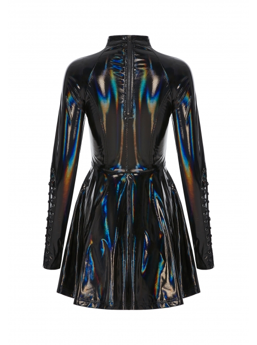 High Collar Front Chest Hollow-Out Lace-Up Long Sleeves Black Punk Shiny PU Leather Knitting Short Dress