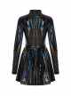 High Collar Front Chest Hollow-Out Lace-Up Long Sleeves Black Punk Shiny PU Leather Knitting Short Dress