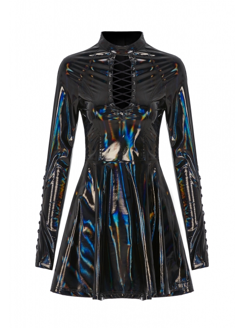 High Collar Front Chest Hollow-Out Lace-Up Long Sleeves Black Punk Shiny PU Leather Knitting Short Dress
