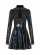 High Collar Front Chest Hollow-Out Lace-Up Long Sleeves Black Punk Shiny PU Leather Knitting Short Dress