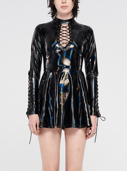 High Collar Front Chest Hollow-Out Lace-Up Long Sleeves Black Punk Shiny PU Leather Knitting Short Dress