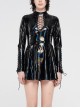 High Collar Front Chest Hollow-Out Lace-Up Long Sleeves Black Punk Shiny PU Leather Knitting Short Dress