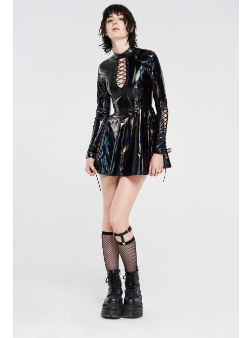 High Collar Front Chest Hollow-Out Lace-Up Long Sleeves Black Punk Shiny PU Leather Knitting Short Dress