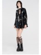 High Collar Front Chest Hollow-Out Lace-Up Long Sleeves Black Punk Shiny PU Leather Knitting Short Dress