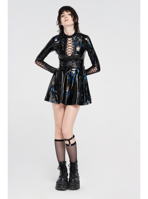 High Collar Front Chest Hollow-Out Lace-Up Long Sleeves Black Punk Shiny PU Leather Knitting Short Dress