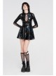 High Collar Front Chest Hollow-Out Lace-Up Long Sleeves Black Punk Shiny PU Leather Knitting Short Dress