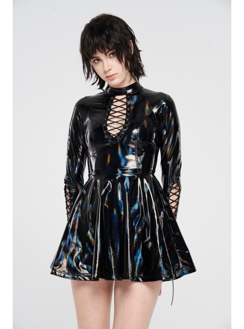 High Collar Front Chest Hollow-Out Lace-Up Long Sleeves Black Punk Shiny PU Leather Knitting Short Dress