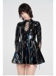 High Collar Front Chest Hollow-Out Lace-Up Long Sleeves Black Punk Shiny PU Leather Knitting Short Dress