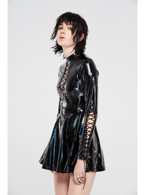 High Collar Front Chest Hollow-Out Lace-Up Long Sleeves Black Punk Shiny PU Leather Knitting Short Dress