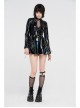 High Collar Front Chest Hollow-Out Lace-Up Long Sleeves Black Punk Shiny PU Leather Knitting Short Dress