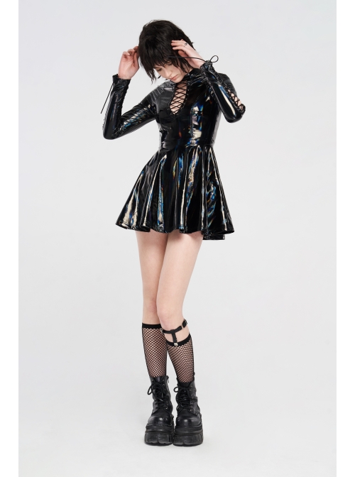 High Collar Front Chest Hollow-Out Lace-Up Long Sleeves Black Punk Shiny PU Leather Knitting Short Dress