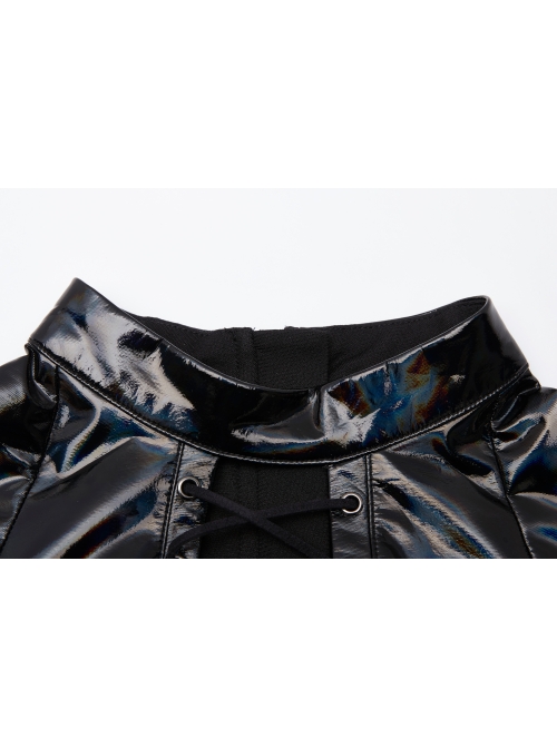 High Collar Front Chest Hollow-Out Lace-Up Long Sleeves Black Punk Shiny PU Leather Knitting Short Dress