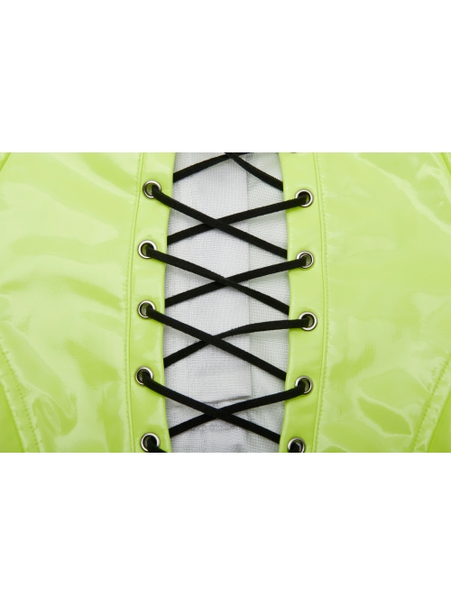 High Collar Front Chest Hollow-Out Lace-Up Long Sleeves Fluorescent Green Punk Shiny PU Leather Knitting Short Dress
