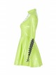 High Collar Front Chest Hollow-Out Lace-Up Long Sleeves Fluorescent Green Punk Shiny PU Leather Knitting Short Dress
