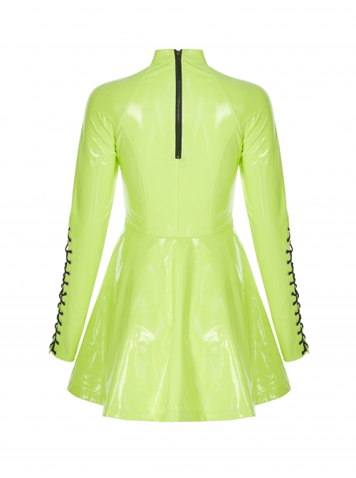 High Collar Front Chest Hollow-Out Lace-Up Long Sleeves Fluorescent Green Punk Shiny PU Leather Knitting Short Dress