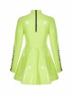 High Collar Front Chest Hollow-Out Lace-Up Long Sleeves Fluorescent Green Punk Shiny PU Leather Knitting Short Dress