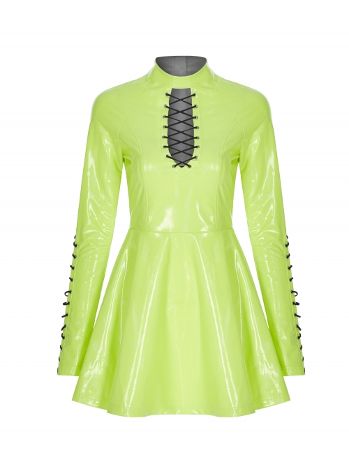 High Collar Front Chest Hollow-Out Lace-Up Long Sleeves Fluorescent Green Punk Shiny PU Leather Knitting Short Dress