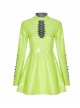 High Collar Front Chest Hollow-Out Lace-Up Long Sleeves Fluorescent Green Punk Shiny PU Leather Knitting Short Dress