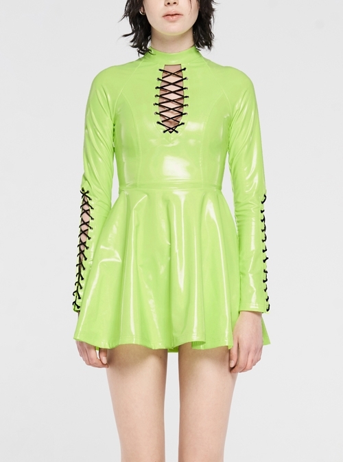 High Collar Front Chest Hollow-Out Lace-Up Long Sleeves Fluorescent Green Punk Shiny PU Leather Knitting Short Dress