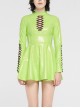 High Collar Front Chest Hollow-Out Lace-Up Long Sleeves Fluorescent Green Punk Shiny PU Leather Knitting Short Dress