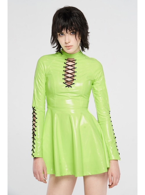 High Collar Front Chest Hollow-Out Lace-Up Long Sleeves Fluorescent Green Punk Shiny PU Leather Knitting Short Dress