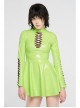 High Collar Front Chest Hollow-Out Lace-Up Long Sleeves Fluorescent Green Punk Shiny PU Leather Knitting Short Dress