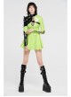 High Collar Front Chest Hollow-Out Lace-Up Long Sleeves Fluorescent Green Punk Shiny PU Leather Knitting Short Dress
