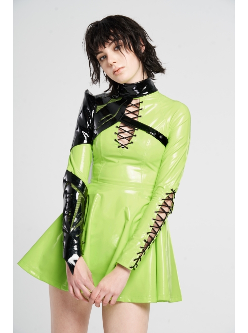 High Collar Front Chest Hollow-Out Lace-Up Long Sleeves Fluorescent Green Punk Shiny PU Leather Knitting Short Dress