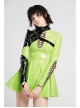 High Collar Front Chest Hollow-Out Lace-Up Long Sleeves Fluorescent Green Punk Shiny PU Leather Knitting Short Dress