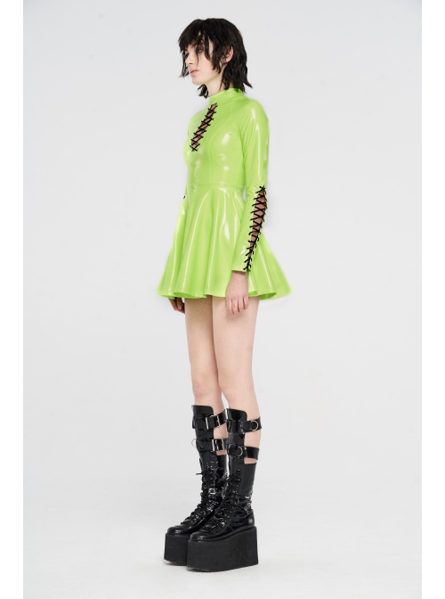 High Collar Front Chest Hollow-Out Lace-Up Long Sleeves Fluorescent Green Punk Shiny PU Leather Knitting Short Dress