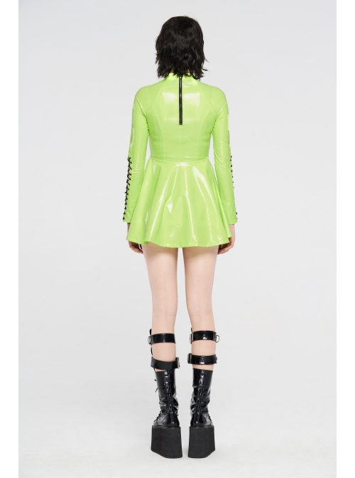 High Collar Front Chest Hollow-Out Lace-Up Long Sleeves Fluorescent Green Punk Shiny PU Leather Knitting Short Dress
