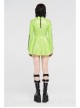 High Collar Front Chest Hollow-Out Lace-Up Long Sleeves Fluorescent Green Punk Shiny PU Leather Knitting Short Dress