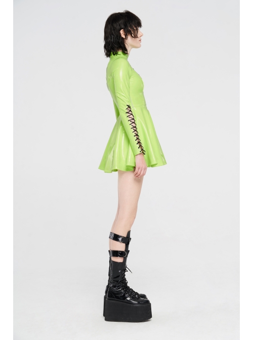 High Collar Front Chest Hollow-Out Lace-Up Long Sleeves Fluorescent Green Punk Shiny PU Leather Knitting Short Dress