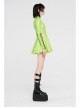 High Collar Front Chest Hollow-Out Lace-Up Long Sleeves Fluorescent Green Punk Shiny PU Leather Knitting Short Dress