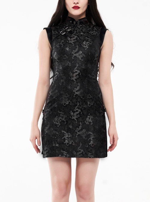 Black Small Dragon Pattern Jacquard Metal Hasp Oblique Door Flap Small Flying Shoulder Back Waist Lace-Up Slit Hem Punk Chinese Cheongsam Dress