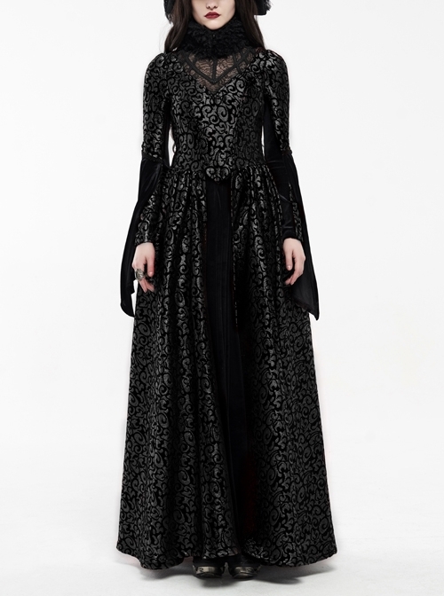 Jacquard Fur Collar Front Collar Lace Ribbon Long Sleeves Back Waist Lace-Up Black Gothic Long Dress